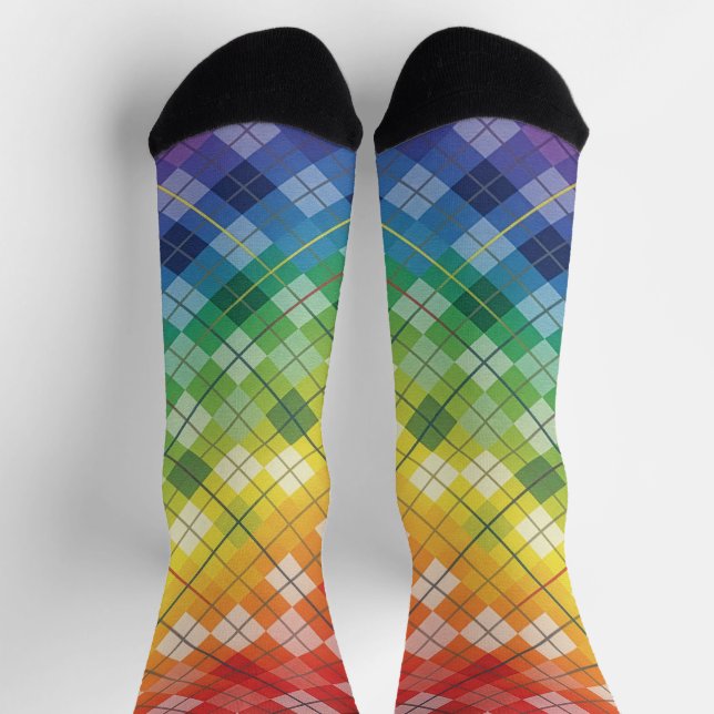 Retro Rainbow Argyle Plaid Check Pattern Socks (Top)