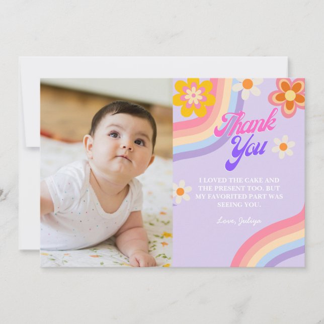  Retro Rainbow Birthday photo Thank You Card (Front)