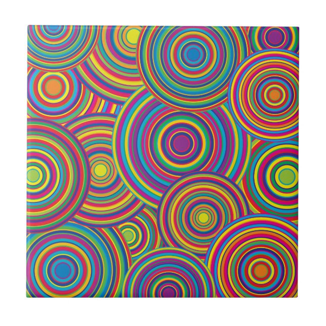 Retro Rainbow Circles Pattern Ceramic Tile (Front)