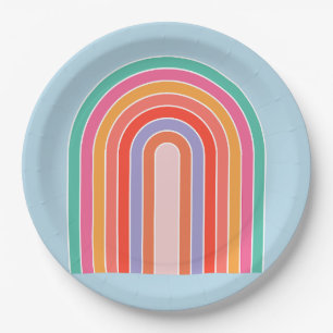 Retro Rainbow Colourful Blue Paper Plate