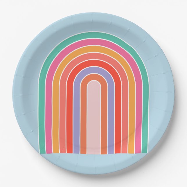 Retro Rainbow Colourful Blue Paper Plate (Front)