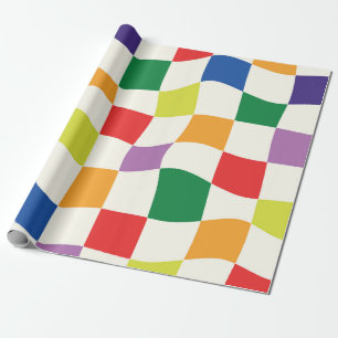 Retro Rainbow Colourful Warped Checkerboards  Wrapping Paper