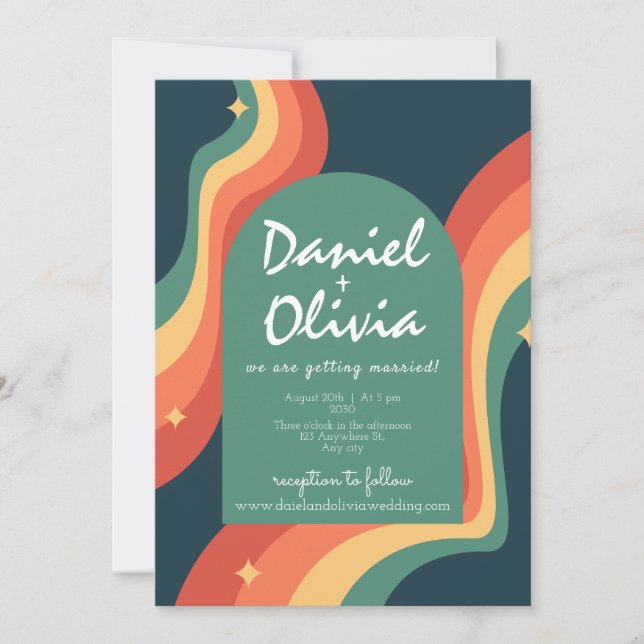 Retro Rainbow Corner with QR Wedding Invitation (Front)