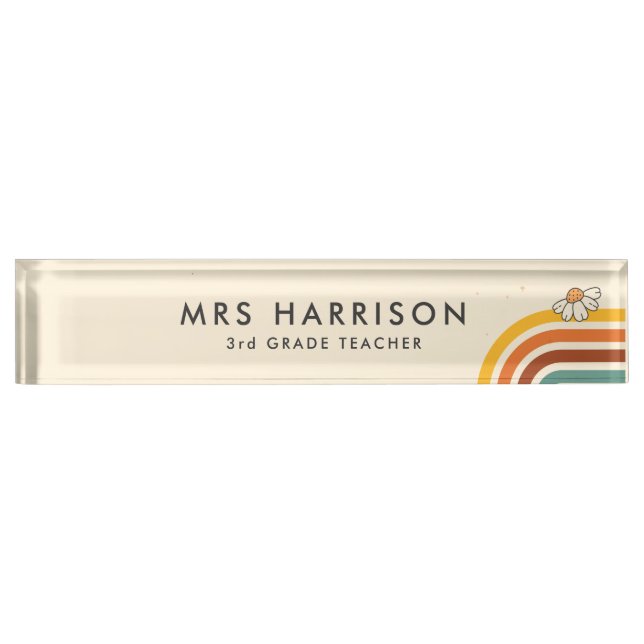 Retro Rainbow Cute Daisy teacher desk name plate (Front)