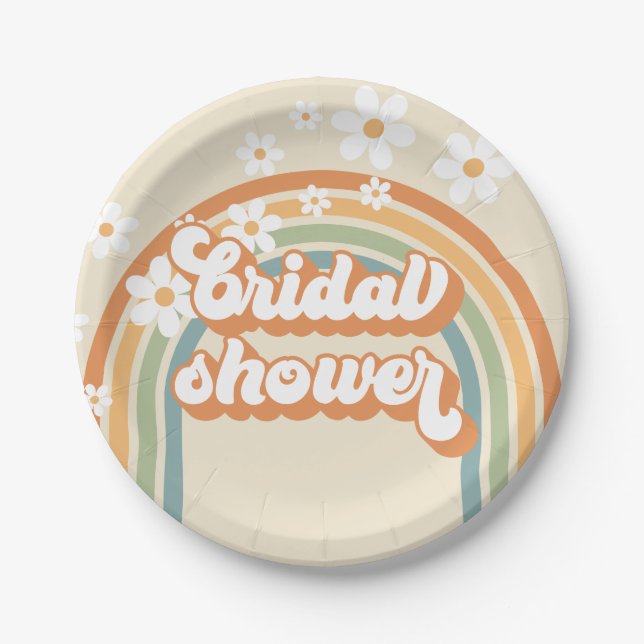 Retro Rainbow Daisy Groovy bridal shower Paper Plate (Front)