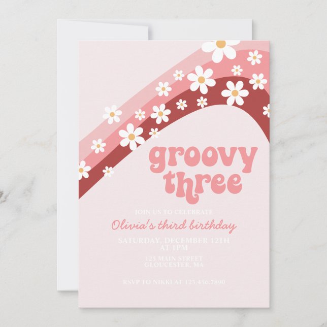 Retro Rainbow Daisy Groovy Three 3rd birthday Invitation (Front)