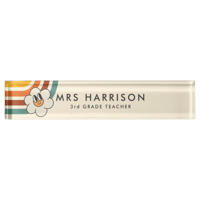 Retro Rainbow Daisy teacher desk name plate (Front)