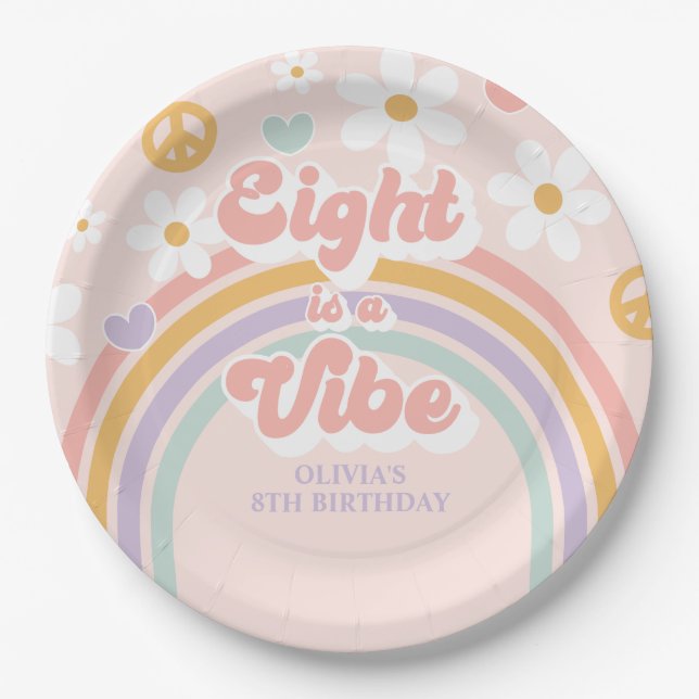 Retro Rainbow Eight is a Vibe 8th Birthday Paper Plate (Front)