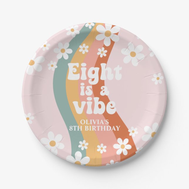 Retro Rainbow Eight is a Vibe Daisy 8th Birthday Paper Plate (Front)