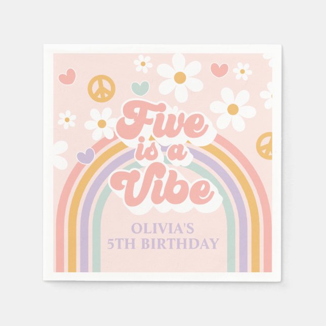 Retro Rainbow Five is a Vibe 5th Birthday Napkin (Front)