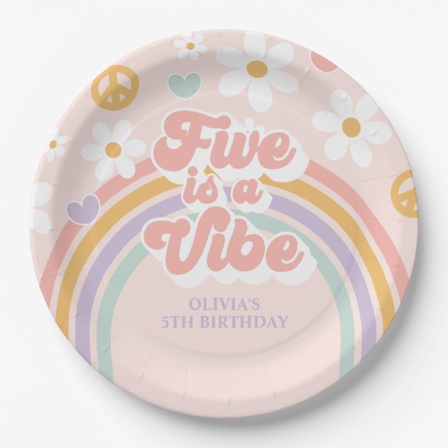Retro Rainbow Five is a Vibe 5th Birthday Paper Plate (Front)