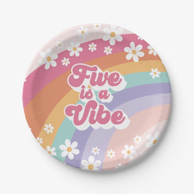 Retro Rainbow Five is a Vibe 5th Birthday Paper Plate (Front)