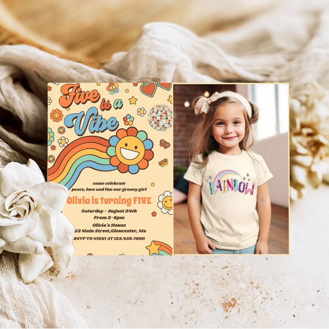 Retro Rainbow Five is a Vibe 5th Birthday Photo Invitation (Creator Uploaded)