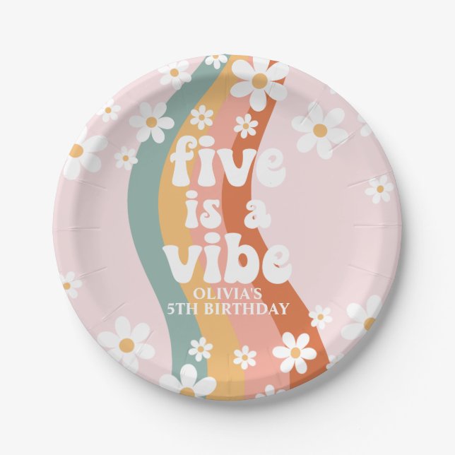 Retro Rainbow Five is a Vibe Daisy 5th Birthday Paper Plate (Front)