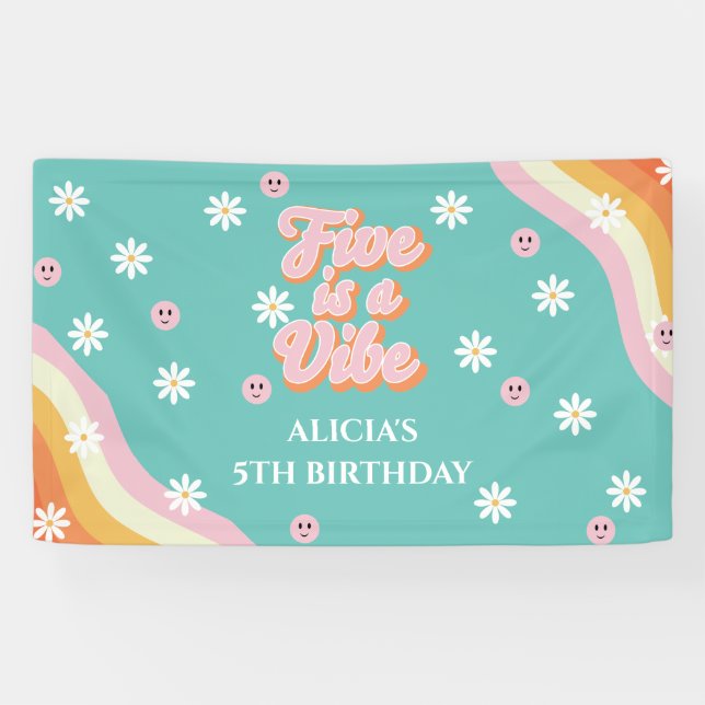 Retro Rainbow FIVE is a Vibe Groovy 5th Birthday  Banner (Horizontal)
