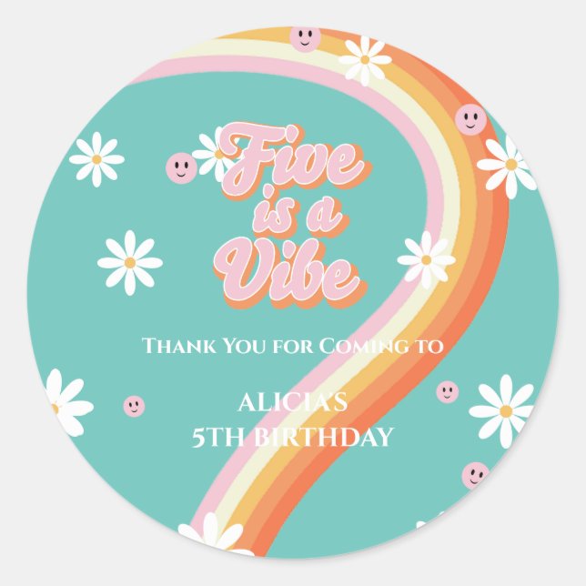 Retro Rainbow FIVE is a Vibe Groovy 5th Birthday  Classic Round Sticker (Front)