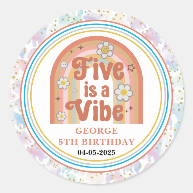 Retro Rainbow FIVE is a Vibe Groovy 5th Birthday Classic Round Sticker (Front)