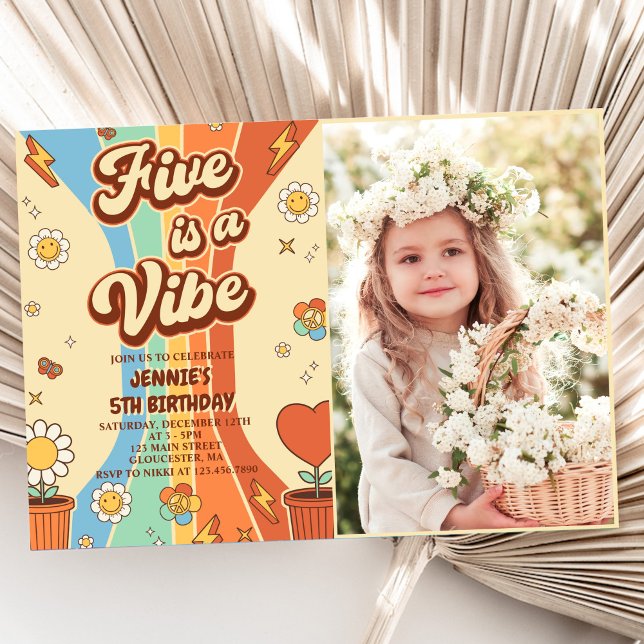 Retro Rainbow Five is a Vibe Groovy 5th Birthday  Invitation (Creator Uploaded)