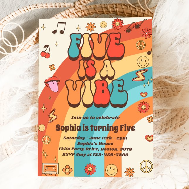 Retro Rainbow Five is a Vibe Groovy 5th Birthday Invitation (Creator Uploaded)