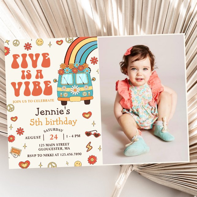 Retro Rainbow Five is a Vibe Groovy 5th Birthday Invitation (Creator Uploaded)