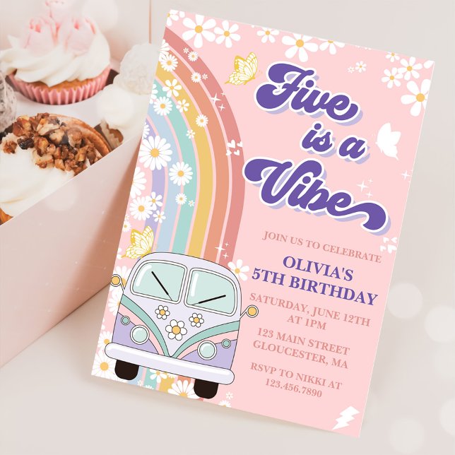 Retro Rainbow Five is a Vibe Groovy 5th Birthday  Invitation (Creator Uploaded)