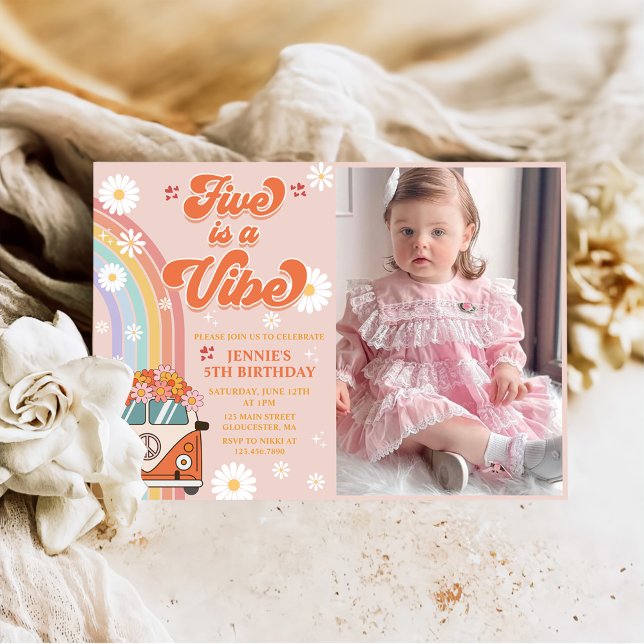 Retro Rainbow Five is a Vibe Groovy 5th Birthday  Invitation (Creator Uploaded)