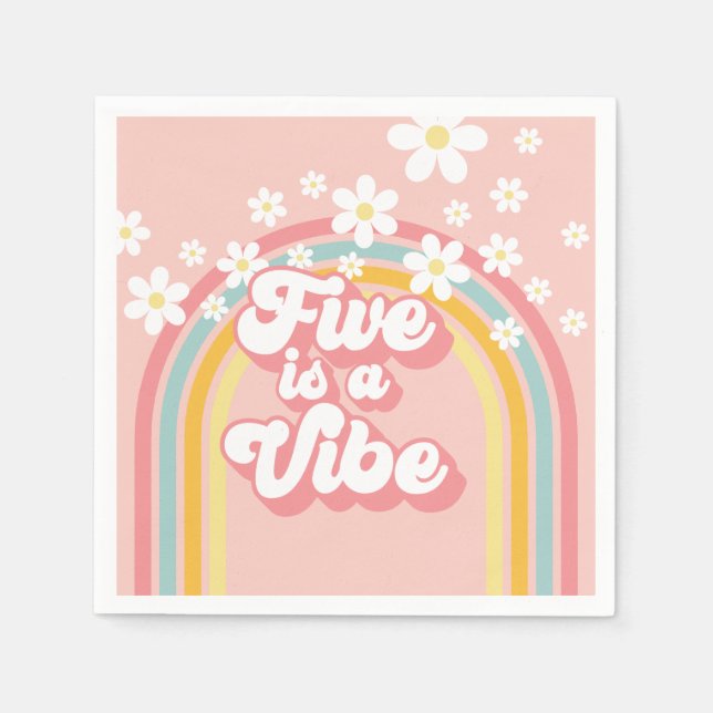 Retro Rainbow FIVE is a Vibe Groovy 5th Birthday Napkin (Front)