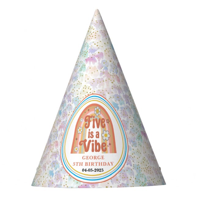 Retro Rainbow FIVE is a Vibe Groovy 5th Birthday Party Hat (Front)