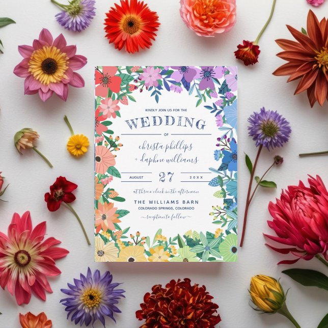 Retro Rainbow Flowers Gay Lesbian Wedding Invitation (Creator Uploaded)