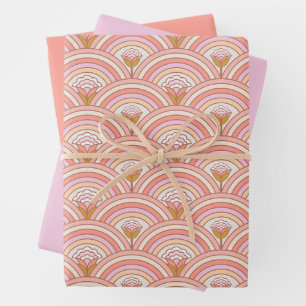 Retro Rainbow Flowers Pink & Coral Wrapping Paper Sheet