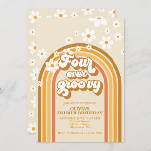 Retro Rainbow Four Ever Groovy 4th Birthday Invitation