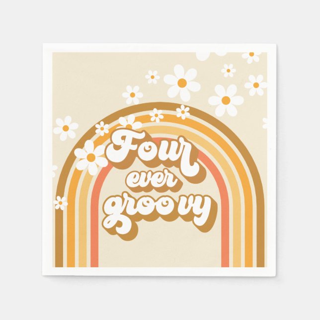 Retro Rainbow Four Ever Groovy 4th Birthday Napkin (Front)