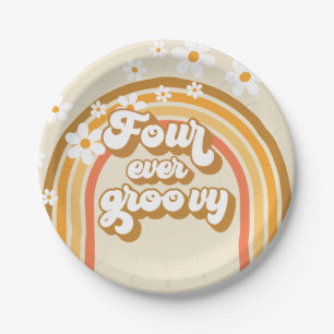 Retro Rainbow Four Ever Groovy 4th Birthday Paper Plate