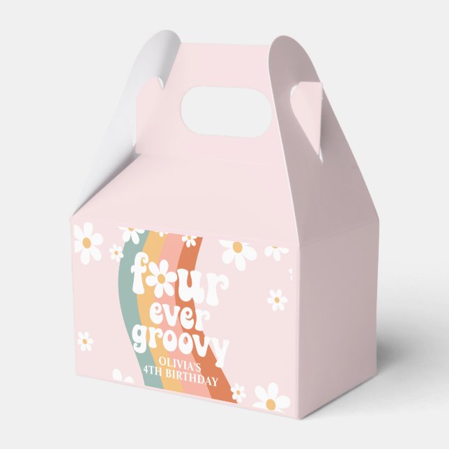 Retro Rainbow Four Ever Groovy Daisy 4th Birthday Favour Box (Front Side)