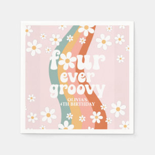 Retro Rainbow Four Ever Groovy Daisy 4th Birthday Napkin