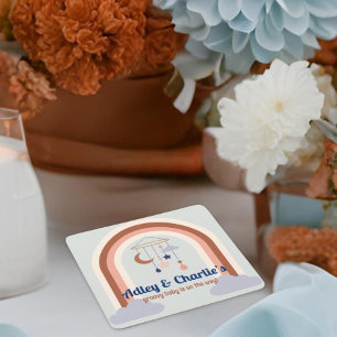 Retro Rainbow Groovy Baby Gender Neutral Shower Square Paper Coaster