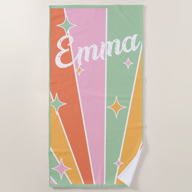 Retro, Rainbow, Groovy Birthday, Beach Beach Towel (Front)