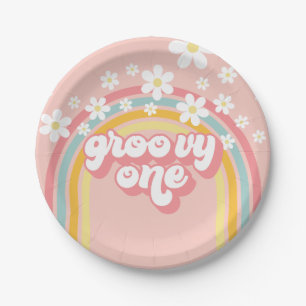 Retro Rainbow Groovy One 1st Birthday Paper Plate