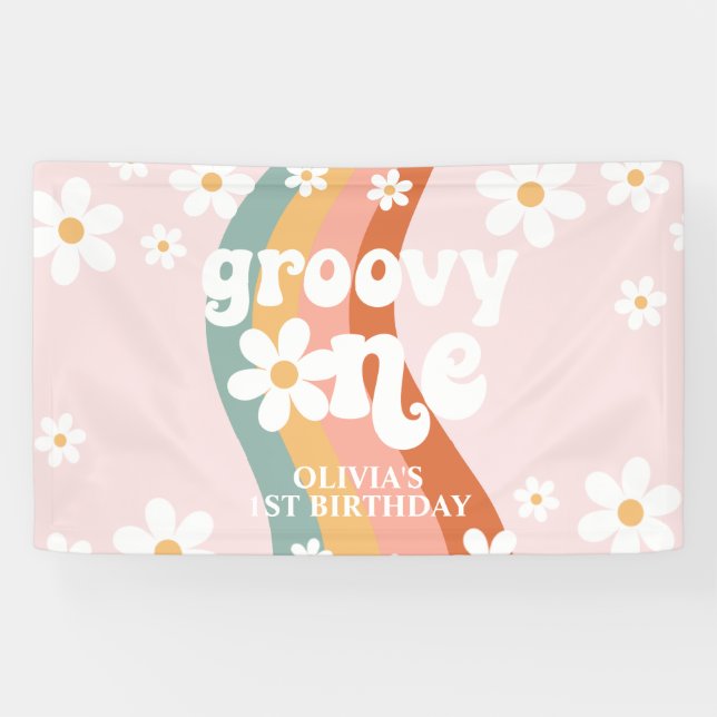 Retro Rainbow Groovy One Daisy 1st Banner (Horizontal)