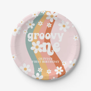 Retro Rainbow Groovy One Daisy Paper Plate