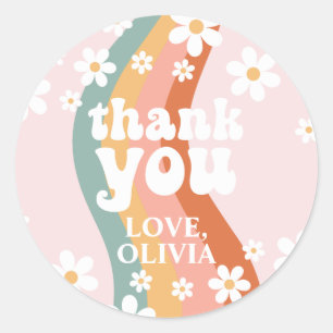 Retro Rainbow Groovy Thank You Classic Round Sticker