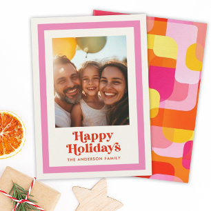 Retro Rainbow Happy Holidays Pink Frame 1 Photo Holiday Card