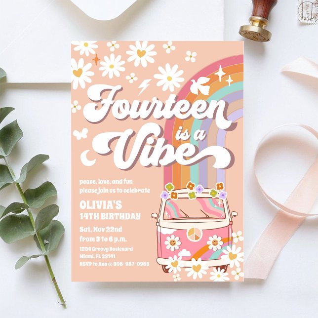 Retro Rainbow Hippie Birthday Invitation (Creator Uploaded)