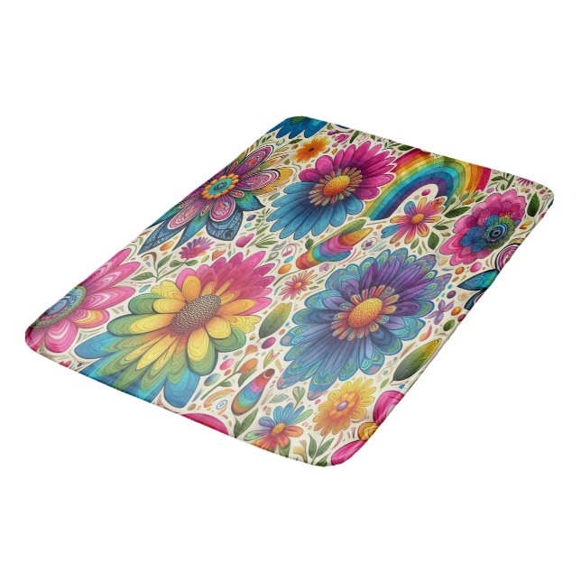 Retro Rainbow Hippie Floral Bath Mat (Angled)