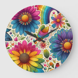 Retro Rainbow Hippie Floral Large Clock