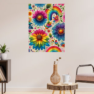 Retro Rainbow Hippie Floral Poster