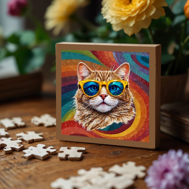Retro Rainbow LGBTQ+ Cool Gay Cat Puzzle (Rainbow cool cat puzzle--A  subtle queer representation.)