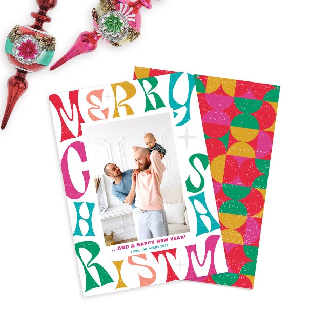 Retro Rainbow Merry Christmas 1 Photo Holiday Card (Colorful Retro Merry Christmas photo card)
