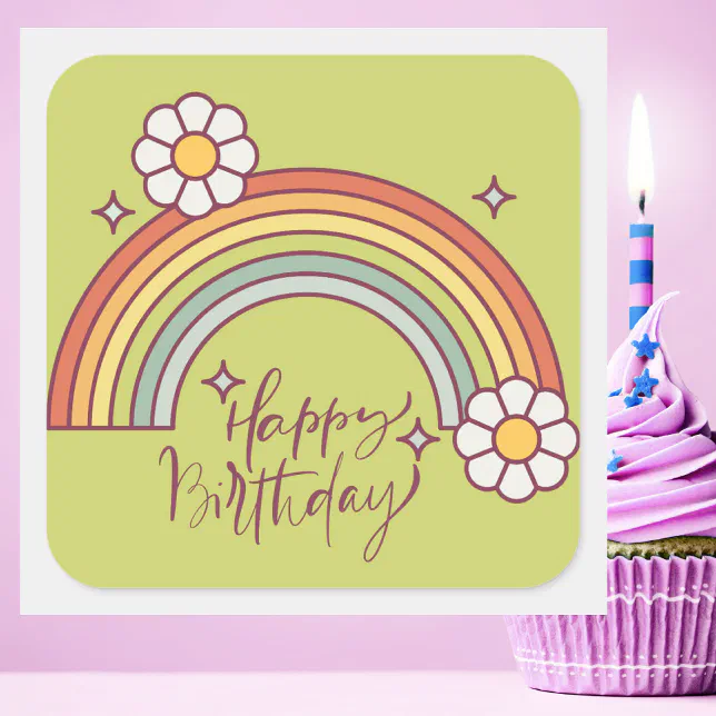 Retro Rainbow Modern Happy Birthday Square Sticker | Zazzle