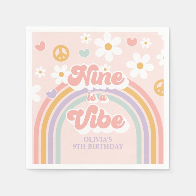 Retro Rainbow Nine is a Vibe 9th Birthday Napkin (Front)